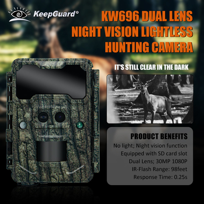 KW696 наружная охотничья камера с двойным объективом 30MP без свечения камера 1080p ночного видения 512G для