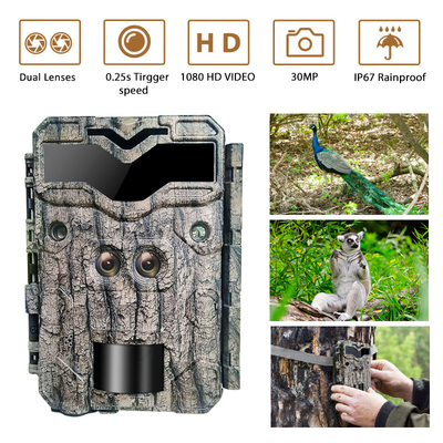 Охотная камера KW698A с двойным объективом 1080P 30MP водонепроницаемая IP67 до 512GB хранилища ночного видения 0.25s спусковая камера игры